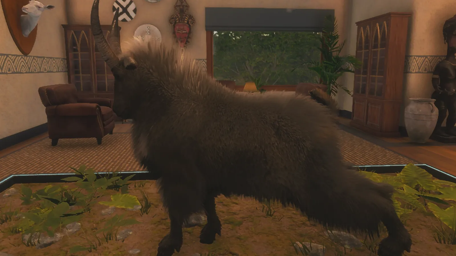 Screenshot from theHunter: Call of the Wild, trophy lodge with a Melanistic Mountain Goat