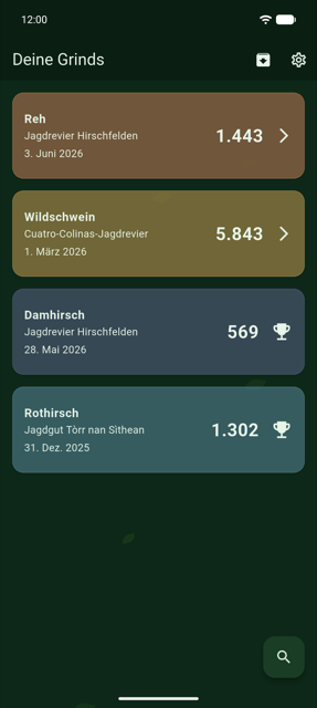 Screenshot: Die Grind-Übersicht mit allen erfassten Jagden