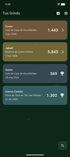Captura de pantalla: la vista general de grinds con todas las cacerías registradas