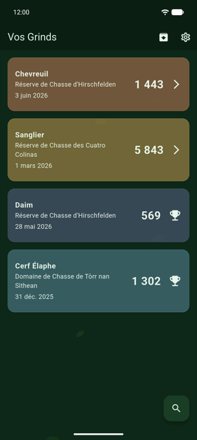 Capture d'écran : la vue d'ensemble des grinds avec toutes les chasses suivies