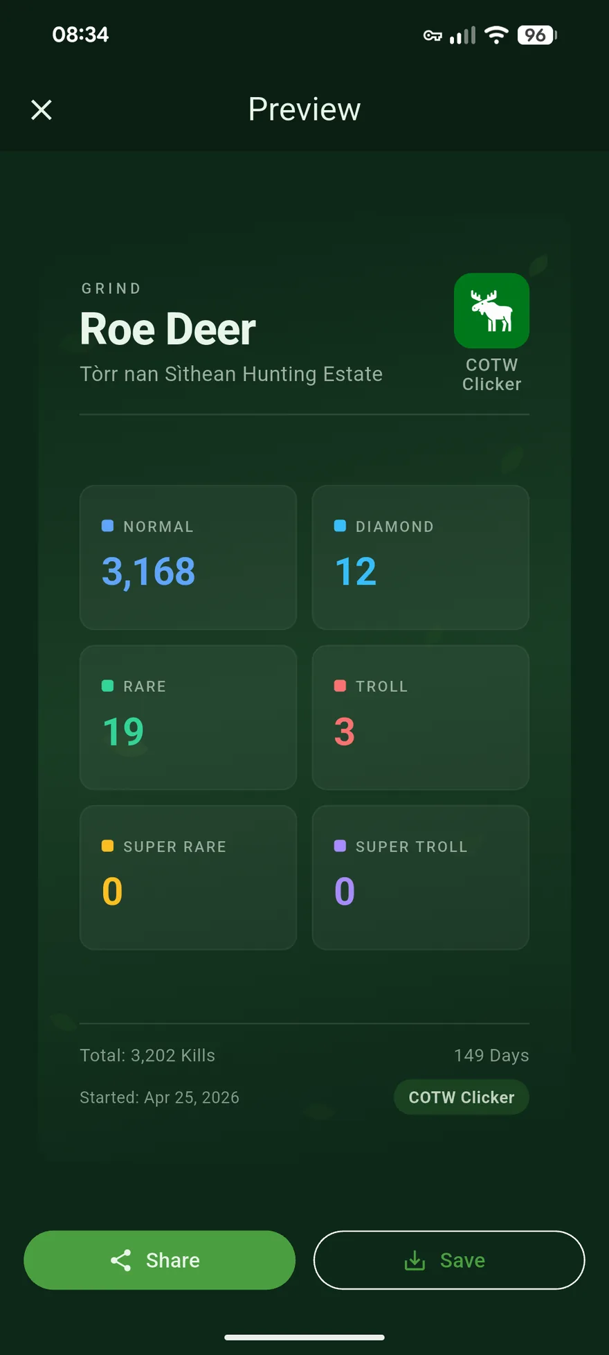 Screenshot: the share preview of a Roe Deer grind