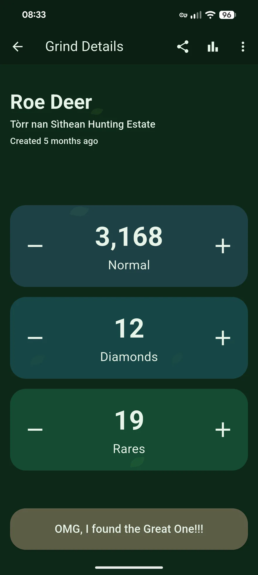 Screenshot: a Roe Deer grind with counters for Normal, Diamonds and Rares