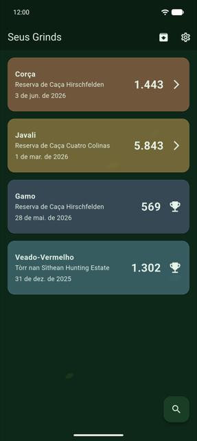 Captura de tela: a visão geral dos grinds com todas as caçadas registradas