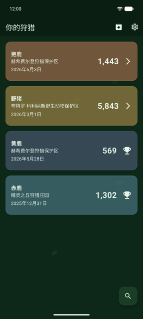 屏幕截图：列出所有已记录狩猎的刷取总览